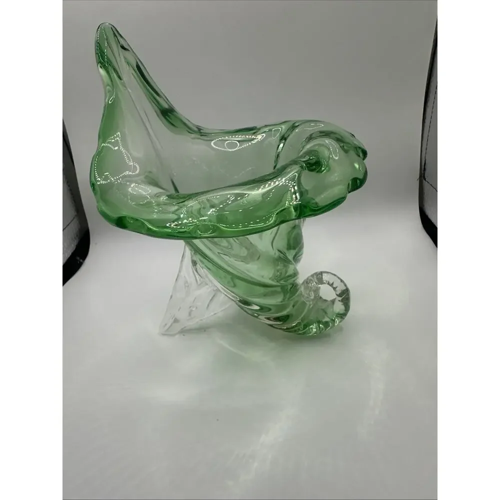 Vtg Murano Jack n Pulpit Green To Clear Blown Glass Upright Horn Vase-7